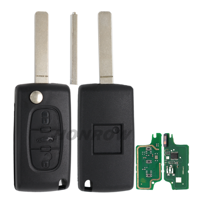 For Peugeot 3 button flip remote key with VA2 307 blade (With trunk button)  433Mhz ID46 PCF7961 Chip FSK Model