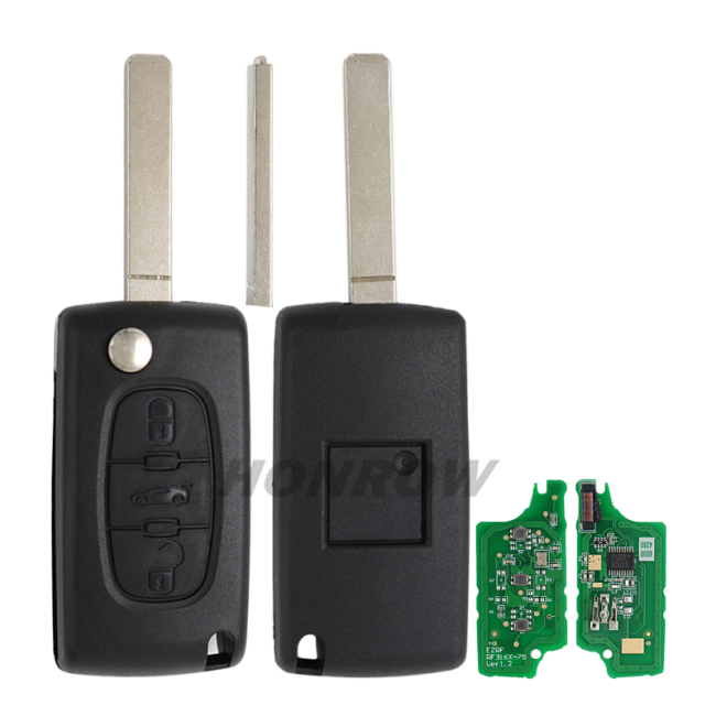 For Peugeot 3 button flip remote key with VA2 307 blade (With trunk button)  433Mhz ID46 PCF7961 Chip ASK Model