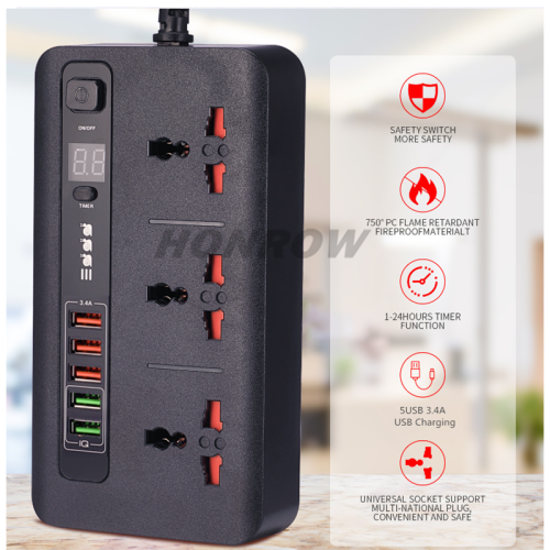 Universal 3-position timed socket with 3.4A USB charging and 2-meter extension cord, made of pure copper conductive material inside