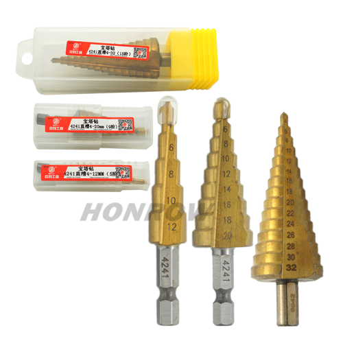 4-12/4-20/4-32mm hexagonal shank straight groove titanium plated ladder drill set, three piece set Pagoda drill bit