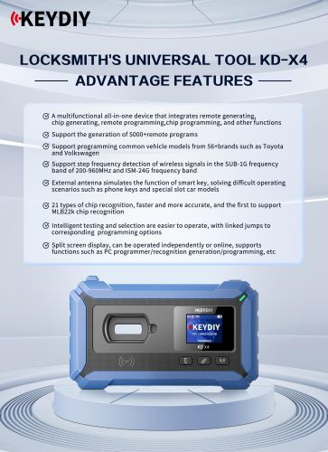 KEYDIY KD-X4 key programmer  KD-X4 supports detection,generating,copy,programming,matching. It can be operated alone pr connected to tablet,mobile phone or PC software. language:Arabic,Korean,German,Spanish,English,Chinese and other 19 languages