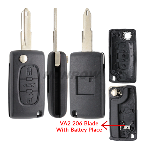 For Peugeot 3 button remote key blank with 206 blade  NE73 Blade -With battery place