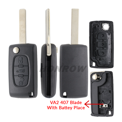 For Peu 407 blade 3 button flip remote key blank with trunk button ( HU83 Blade - Trunk - With battery place) (No Logo)
