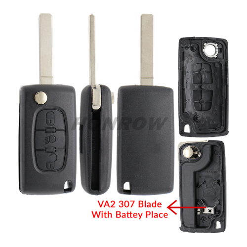 For Peu 307 blade 3 button flip remote key blank with light button ( VA2 Blade - 3Button -  Light - With battery place) (No Logo)