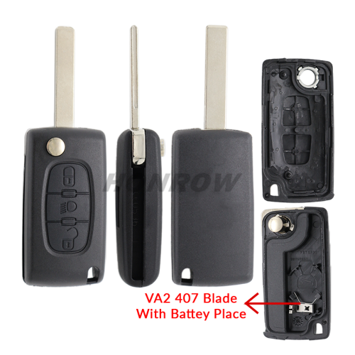 For Peu 407 blade 3 button flip remote key blank with light button ( HU83 Blade - Light - With battery place) (No Logo)