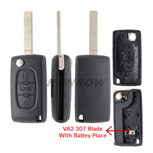 For Peu 307 blade 3 button flip remote key blank with trunk button (VA2 Blade - 3Button -  Trunk - With battery place) (No Logo)
