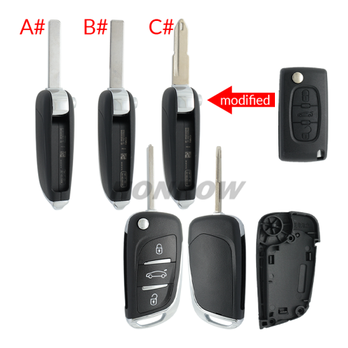 For Citroen 3 button modified flip remote key blank withVA2 307/HU43/206 Blade -- Without battery place (No Logo)
