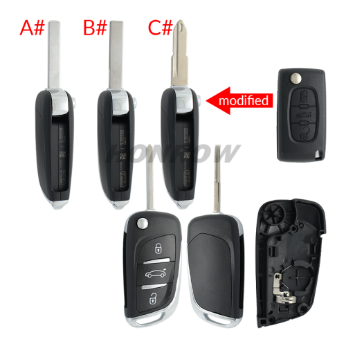For Citroen 3 button modified flip remote key blank with VA2 307/HU43/206 Blade -- With battery place used for 0536 model remote control (No Logo)