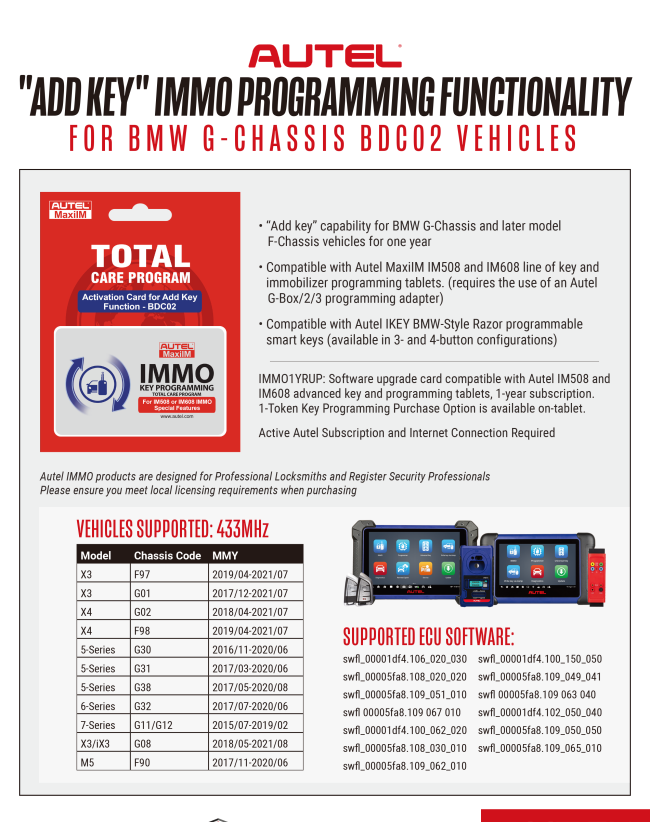 AUTEL ADDKEY IMMO PROGRAMMING FUNCTIONALITIY FOR BMW G-CHASSIS BDCO2 VEHICLES