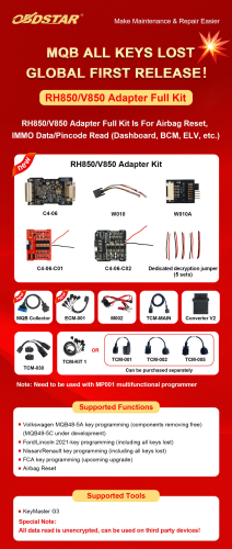 OBDSTAR MQB ALL KEYS LOST RH850/V850 Adapter Full Kit RH850/V850 Adapter Full Kit ls For Airbag Reset, IMMO Data/Pincode Read (Dashboard, BCM, ELV, etc.)