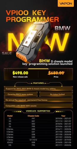 VAPON VP100 Key Programmer For BMW Support 2015-2021 BMW G Chassis Model Key Adding No Annual Fee No Token Needed