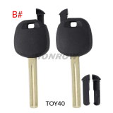 For Toyota transponder key blank,the chip slot is on the top of the key.  A# TOY48 Blade B# TOY40 Blade C# TOY43 Blade