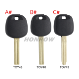For Toyota transponder key blank,the chip slot is on the top of the key.  A# TOY48 Blade B# TOY40 Blade C# TOY43 Blade