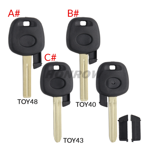 For Toyota transponder key blank ,the chip slot is at the bottom of the key.  A# TOY48 Blade B# TOY40 Blade C# TOY43 Blade