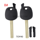 For GTL Toyota transponder key blank ,the chip slot is on the top of the key.  A# TOY48 Blade B# TOY40 Blade C# TOY43 Blade D# TOY51 Blade E# TOY43R Blade