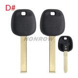 For Toyota transponder key blank  A# TOY43 Blade B# TOY47 Blade C# TOY41 Blade D# TOY51 Blade E# TOY48 Blade