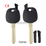 For Toyota transponder key blank,the chip slot is on the top of the key.  A# TOY48 Blade B# TOY40 Blade C# TOY43 Blade