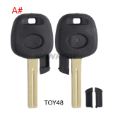 For Toyota transponder key blank ,the chip slot is at the bottom of the key.  A# TOY48 Blade B# TOY40 Blade C# TOY43 Blade