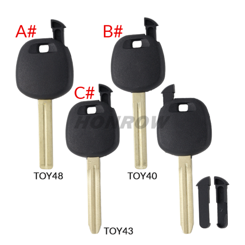 For Toyota transponder key blank,the chip slot is on the top of the key.  A# TOY48 Blade B# TOY40 Blade C# TOY43 Blade