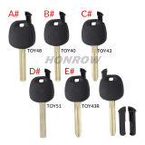 For GTL Toyota transponder key blank ,the chip slot is on the top of the key.  A# TOY48 Blade B# TOY40 Blade C# TOY43 Blade D# TOY51 Blade E# TOY43R Blade