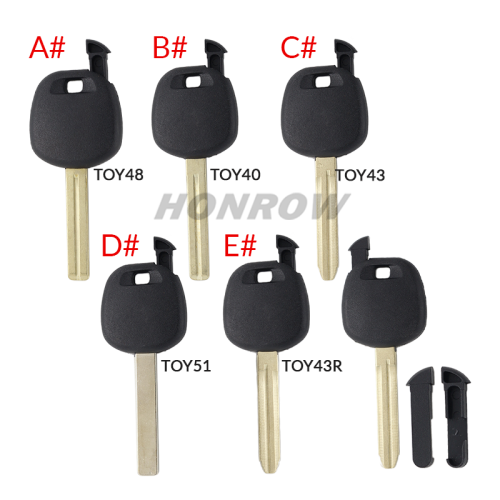 For GTL Toyota transponder key blank ,the chip slot is on the top of the key.  A# TOY48 Blade B# TOY40 Blade C# TOY43 Blade D# TOY51 Blade E# TOY43R Blade
