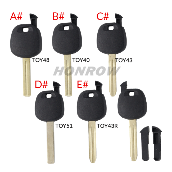 For GTL Toyota transponder key blank ,the chip slot is on the top of the key.  A# TOY48 Blade B# TOY40 Blade C# TOY43 Blade D# TOY51 Blade E# TOY43R Blade