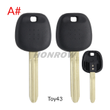 For Toyota transponder key blank  A# TOY43 Blade B# TOY47 Blade C# TOY41 Blade D# TOY51 Blade E# TOY48 Blade