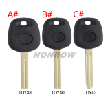 For Toyota transponder key blank ,the chip slot is at the bottom of the key.  A# TOY48 Blade B# TOY40 Blade C# TOY43 Blade