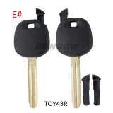 For GTL Toyota transponder key blank ,the chip slot is on the top of the key.  A# TOY48 Blade B# TOY40 Blade C# TOY43 Blade D# TOY51 Blade E# TOY43R Blade