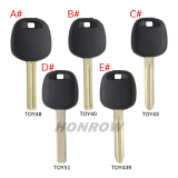 For GTL Toyota transponder key blank ,the chip slot is on the top of the key.  A# TOY48 Blade B# TOY40 Blade C# TOY43 Blade D# TOY51 Blade E# TOY43R Blade