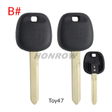 For Toyota transponder key blank  A# TOY43 Blade B# TOY47 Blade C# TOY41 Blade D# TOY51 Blade E# TOY48 Blade