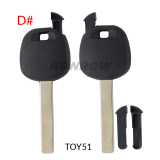 For GTL Toyota transponder key blank ,the chip slot is on the top of the key.  A# TOY48 Blade B# TOY40 Blade C# TOY43 Blade D# TOY51 Blade E# TOY43R Blade