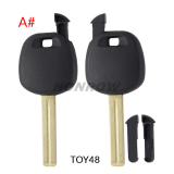 For Toyota transponder key blank,the chip slot is on the top of the key.  A# TOY48 Blade B# TOY40 Blade C# TOY43 Blade