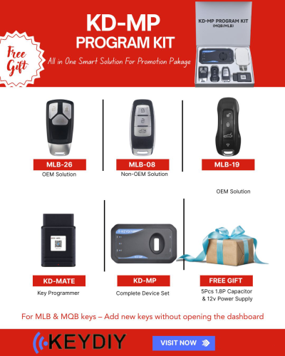 KEYDIY KD-MP Program kit ( MQB/MLB) designed for MLB and MQB anti-theft systems, add new keys without opening the dashboard. Packing list: MLB-26 MLB-08 MLB-09*1PCS KD-MP KD-MATE Free gift:5pcs*1.8P capacitor&12v power supply