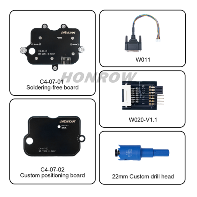 2025 New OBDSTAR C4-07(MB-VGS4-0-NAG2) Adapter Kit Support Tools Use with OBDSTAR KeyMaster G3, DC706, etc.  1. C4-07-01 Soldering-free board 2. C4-07-02 Custom positioning board 3. W011 4. W020-V1.1 5. 22mm Custom drill head 6. TCM-012 (optional) 7. Converter V2 (optional)