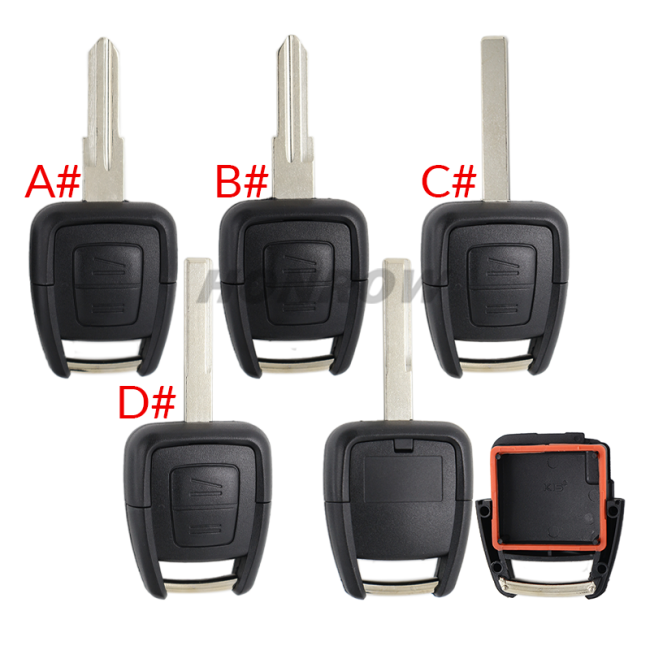 For Opel 2 button remote key shell with key blade A# HU46 left key blade B# YM28 right key blade C# HU101 key blade D# HU43  key blade