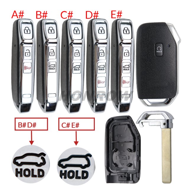 For new Kia 3+1/4+1/5+1 buttons smart remote key shell without logo B# D# with truck hold C# E# with SUV hold