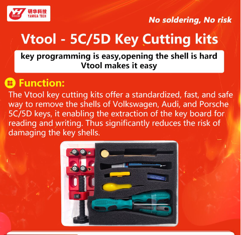 The Vtool key cutting kits offer a standardized, fast, and safe way to remove the shells of w, Audi, anc Porsche 5C/5D keys, it enabling the extraction of the key board forreading and writing. Thus significantly reduces the risk of damaging the key shells
