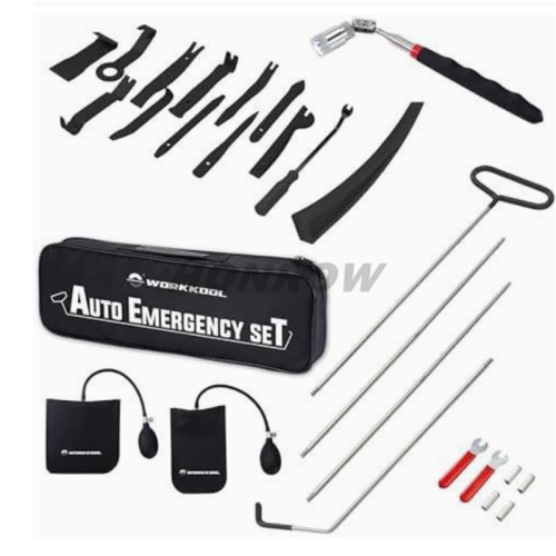 26PCS Car Tool Kit with Pin Puller, Puller Hook, Air Wedge & Magnetic Pickup Tool with Flashlight