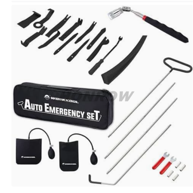 26PCS Car Tool Kit with Pin Puller, Puller Hook, Air Wedge & Magnetic Pickup Tool with Flashlight