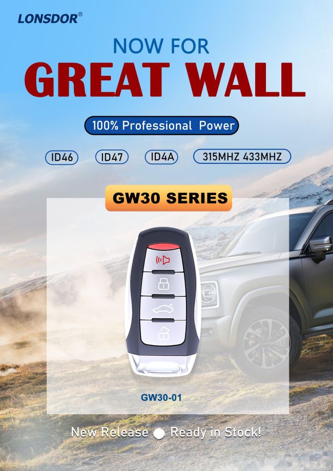 Lonsdor smart key For GW GW30-01 4 button smart key Support ID46 ID47 ID4A chip,Frequency 315/433.92Mhz