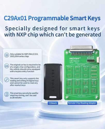 KEYDIY C29AX01 (no button) Programmable smart Key with 13# Remote Chip Reading Adapter Smart card synchronizes dedicated key No need to get in the car, just read the key chip to addkeyess entry, intelligent, emergency ignition,no remote control function SUPPORTED CHIP TYPES NCF29A1 NCF29A4 NCF29A2 NCF2953 NCF29A3 NCF2954