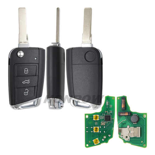 For VW MQB platform 3 button flip remote key  unkeyless-go with MEGAMOS ID48 chip-434mhz & HU66 blade