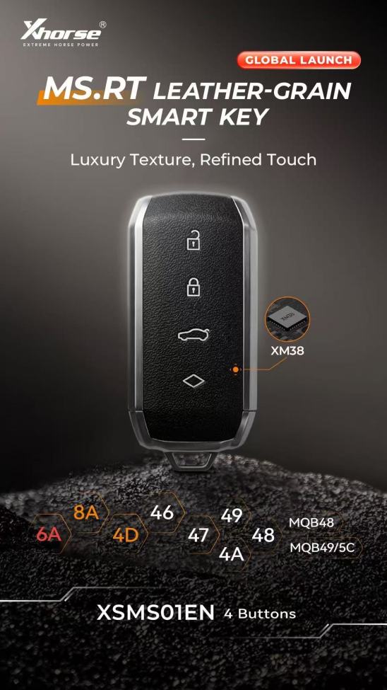 XHORSE VVDIXM38 smart key XSMSO1EN 4 Buttons MS.RT LEATHER-GRAIN SMART KEY LuxuryTexture,Refned Touch,support 6A 8A 4D 46 47 49 4A 48 MQB48 MQB49/5C chip