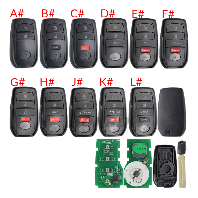 LT30-02 BOARD NUMBER 2561 0110 1320 2550 2000 THE L ATEST TOYOTA 4A SMART KEY SOLUTION SUPPORT FREQUENCY 31 2 09/314.35 SUPPORTED MODELS Camry(2024-) Sienna(2024-) Corolla(2022-) Corolla Cross(2022-) Levin (2022-) SUPPORT PROGRAM No limits for Programmer