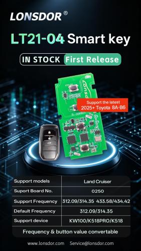 Lonsdor smart keyLT21-0Smart key Support the latest 2025+ Toyota 8A-B6 Support models.Land Cruiser Suport Board No.:0250 Support Frequency312.09/314.35 433 58/434.42 Default Frequency312.09/314.35 Support device:KW100/K518PRO/K518