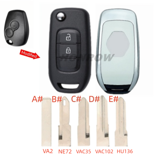For Renault 2 button monified Key shell,please choose the key blade A# VA2 B# NE72 C# VAC35 D# VAC102 E# HU136