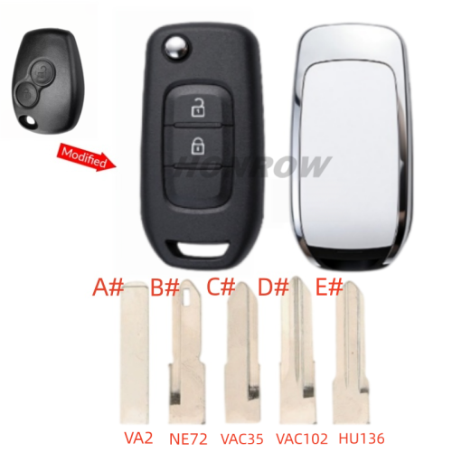 For Renault 2 button monified Key shell,please choose the key blade without logo A# VA2 B# NE72 C# VAC35 D# VAC102 E# HU136