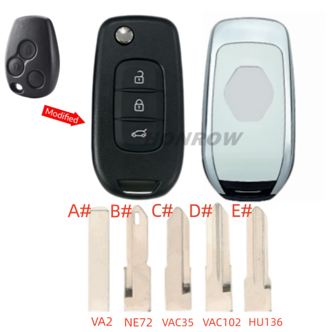 For Renault 3 button monified Key shell,please choose the key blade A# VA2 B# NE72 C# VAC35 D# VAC102 E# HU136