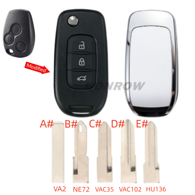 For Renault 3 button monified Key shell,please choose the key blade without logo A# VA2 B# NE72 C# VAC35 D# VAC102 E# HU136